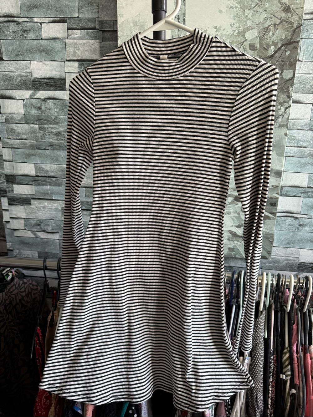Striped Black & White Mock Neck Long Sleeve Mini Dress